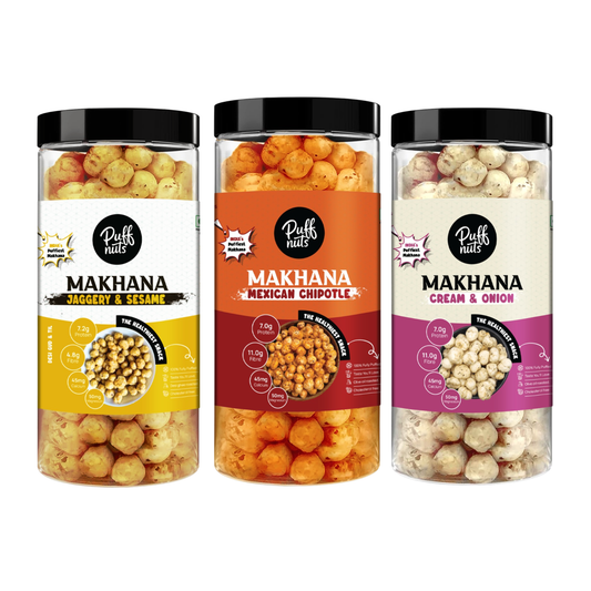 Jaggery & Sesame, Cream & Onion & Mexican Chipotle Makhana 243g (Combo Of 3)